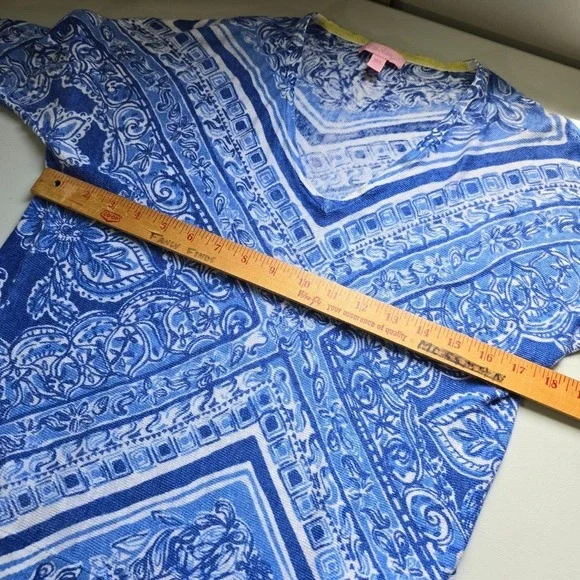 Lilly Pulitzer Linen Shirt Womens XS/S Blue White Paisley V-Neck Coastal - Picture 10 of 13